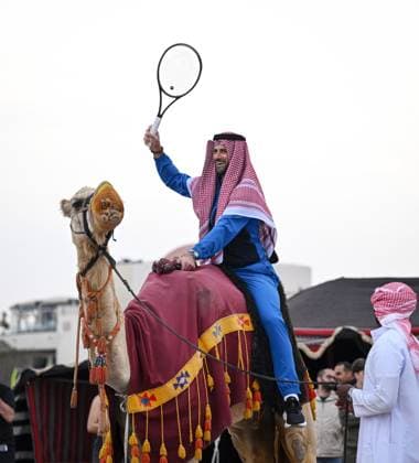 Qatar ExxonMobil Open 2025 Photostunt at Katara Beach , Doha Qatar Grigor Dimitrov BUL , Novak Djokovic SRB , Carlos Alcaraz ESP and Stefanos Tsitsipas GRE