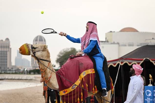 Qatar ExxonMobil Open 2025 Photostunt at Katara Beach , Doha Qatar Grigor Dimitrov BUL , Novak Djokovic SRB , Carlos Alcaraz ESP and Stefanos Tsitsipas GRE