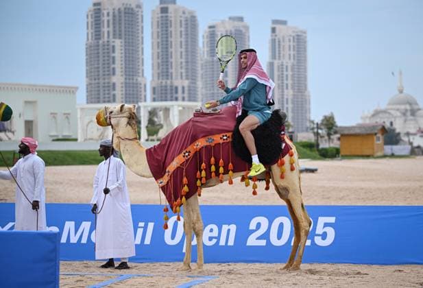 Qatar ExxonMobil Open 2025 Photostunt at Katara Beach , Doha Qatar Grigor Dimitrov BUL , Novak Djokovic SRB , Carlos Alcaraz ESP and Stefanos Tsitsipas GRE