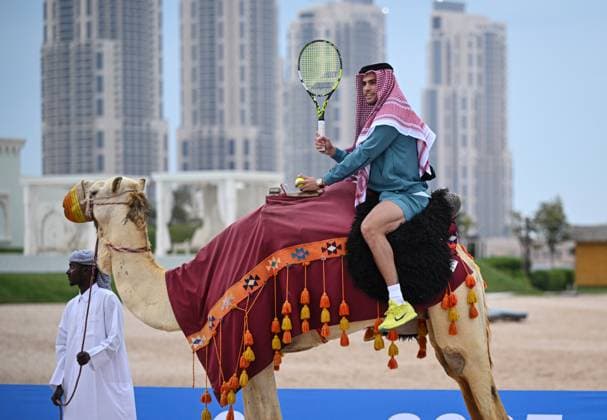 Qatar ExxonMobil Open 2025 Photostunt at Katara Beach , Doha Qatar Grigor Dimitrov BUL , Novak Djokovic SRB , Carlos Alcaraz ESP and Stefanos Tsitsipas GRE