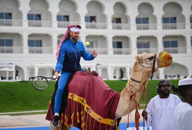 Qatar ExxonMobil Open 2025 Photostunt at Katara Beach , Doha Qatar Grigor Dimitrov BUL , Novak Djokovic SRB , Carlos Alcaraz ESP and Stefanos Tsitsipas GRE