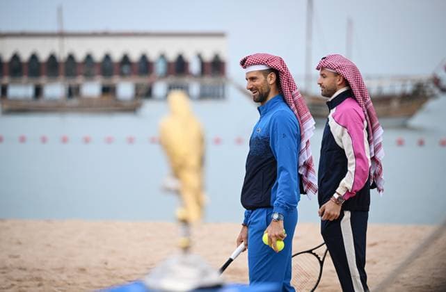 Qatar ExxonMobil Open 2025 Photostunt at Katara Beach , Doha Qatar Grigor Dimitrov BUL , Novak Djokovic SRB , Carlos Alcaraz ESP and Stefanos Tsitsipas GRE