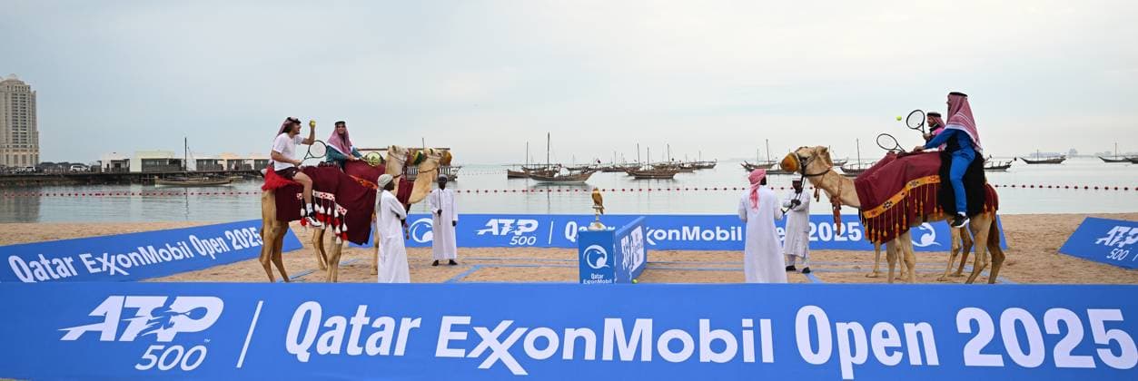 Qatar ExxonMobil Open 2025 Photostunt at Katara Beach , Doha Qatar Grigor Dimitrov BUL , Novak Djokovic SRB , Carlos Alcaraz ESP and Stefanos Tsitsipas GRE