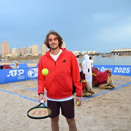 Qatar ExxonMobil Open 2025 Photostunt at Katara Beach , Doha Qatar Grigor Dimitrov BUL , Novak Djokovic SRB , Carlos Alcaraz ESP and Stefanos Tsitsipas GRE