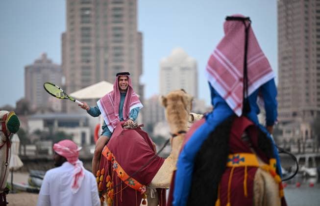 Qatar ExxonMobil Open 2025 Photostunt at Katara Beach , Doha Qatar Grigor Dimitrov BUL , Novak Djokovic SRB , Carlos Alcaraz ESP and Stefanos Tsitsipas GRE