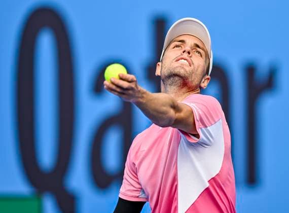 ATP, Tennis Herren QATAR EXXONMOBIL OPEN ROUND OF 32 Christopher O connell of Australia competes in her round of 32 match against Hady Habib of Lebanon during the ATP Qatar ExxonMobil Open 2025 tennis tournament at the Khalifa International Tennis Complex in Doha, Qatar, on February 17, 2025. DOHA Qatar Copyright: xNOUSHADx