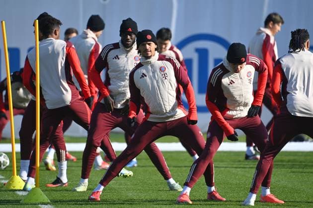 Dayot UPAMECANO Bayern Muenchen , Leroy SANE Bayern Muenchen ,Jamal MUSIALA Bayern Muenchen final training on 17 02 2025 before the Football Champions League K O Phase Play offs FC Bayern Muenchen Celtic Glasgow