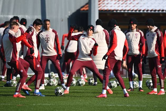 from left Josip STANISIC Bayern Muenchen , Minjae KIM FC Bayern Muenchen ,Michael OLISE Bayern Muenchen , Jamal MUSIALA Bayern Muenchen ,Sacha BOEY Bayern Muenchen ,Konrad LAIMER Bayern Muenchen action,duel final training on 17 02 2025 before the football Champions League K O Phase Play offs FC Bayern Muenchen Celtic Glasgow
