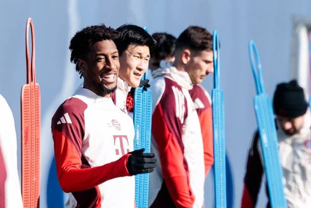 UEFA Champions League final training FC Bayern Munich 17 02 2025 Kingsley Coman FC Bayern Munich, 11 laughs, gestures UEFA Champions League final training FC Bayern Munich before the match against Celtic FC, Munich, training ground at Säbenerstr on 17 02 2025 Copyright: xBEAUTIFULxSPORTS Wunderlx