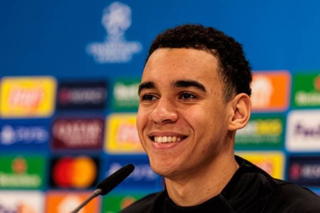 UEFA Champions League press conference FC Bayern Munich 17 02 2025 Jamal Musiala FC Bayern Munich, 42 smiles, laughs UEFA Champions League press conference FC Bayern Munich before the match against Celtic FC, Munich, training ground at Säbenerstr on 17 02 2025 Copyright: xBEAUTIFULxSPORTS Wunderlx