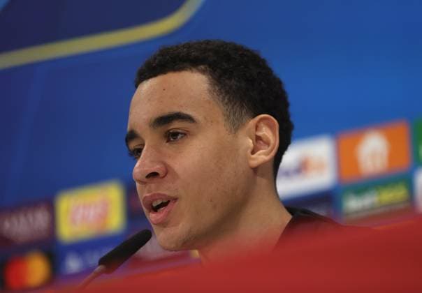 Football, Men, Champions League, Season 2024 2025, FC Bayern Munich, International Press Conference Jamal Musiala FC Bayern Munich at the Press Conference, Head, Portrait