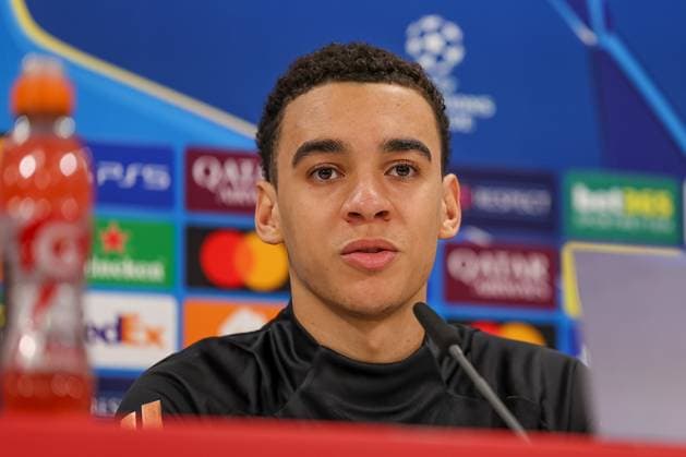 Jamal Musiala FC Bayern Muenchen, 42 at the press conference, GER, International Press Conference, FC Bayern Muenchen, Football, UEFA Champions League, Play offs, 2024 2025 season, 17 02 2025, GER, International Press Conference, FC Bayern Muenchen, Football, UEFA Champions League, Play offs, 2024 2025 season, 17 02 2025 Muenchen Copyright: xEibner-Pressefoto JennixMaulx EP_JML
