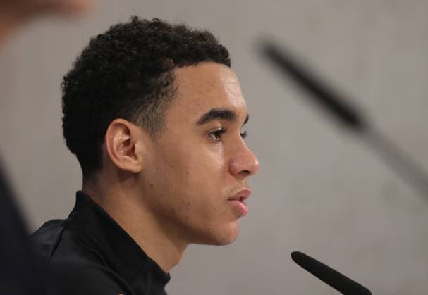 Football, Men, Champions League, Season 2024 2025, FC Bayern Munich, International Press Conference Jamal Musiala FC Bayern Munich at the Press Conference, Head, Portrait