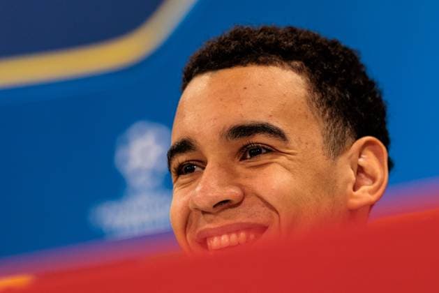 UEFA Champions League press conference FC Bayern Munich 17 02 2025 Jamal Musiala FC Bayern Munich, 42 laughs, smiles UEFA Champions League press conference FC Bayern Munich before the match against Celtic FC, Munich, training ground at Säbenerstr on 17 02 2025 Copyright: xBEAUTIFULxSPORTS Wunderlx