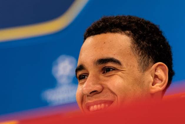 UEFA Champions League press conference FC Bayern Munich 17 02 2025 Jamal Musiala FC Bayern Munich, 42 laughs, smiles UEFA Champions League press conference FC Bayern Munich before the match against Celtic FC, Munich, training ground at Säbenerstr on 17 02 2025 Copyright: xBEAUTIFULxSPORTS Wunderlx