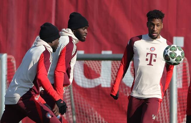 17 02 2025, CL final training, Saebenerstrasse Muenchen,, Football, Sports, in the picture Alphons Davies FC Bayern Muenchen , Dayot Upamecano FC Bayern Muenchen and Kingsley Coman FC Bayern Muenchen