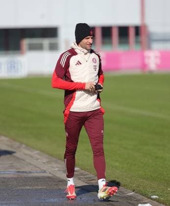 17 02 2025, CL final training, Saebenerstrasse Muenchen,, Football, Sport, in the picture Thomas Mueller FC Bayern Muenchen
