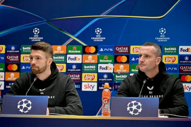 Atalanta v Club Brugge - UEFA Champions League Media Activities 17 02 2025 BERGAMO, ITALY - FEBRUARY 17 : Mechele Brandon defender of Club Brugge and Hayen Nicky head coach of Club Brugge talking to the press during a press conference, PK, Pressekonferenz ahead of the UEFA Champions League 2024 25 knockout phase play-off match second leg between Atalanta and Club Brugge on February 17, 2025 in Bergamo, Italy, 17 02 2025 Bergamo Italy  Copyright: xJanxDexMeuleneirx