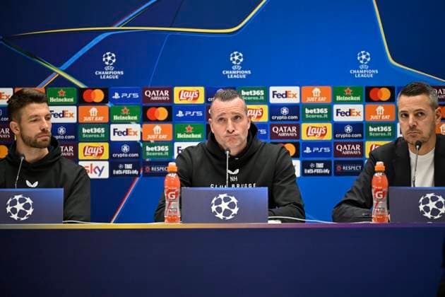 Atalanta v Club Brugge - UEFA Champions League Media Activities 17 02 2025 BERGAMO, ITALY - FEBRUARY 17 : Mechele Brandon defender of Club Brugge and Hayen Nicky head coach of Club Brugge talking to the press during a press conference, PK, Pressekonferenz ahead of the UEFA Champions League 2024 25 knockout phase play-off match second leg between Atalanta and Club Brugge on February 17, 2025 in Bergamo, Italy, 17 02 2025 Bergamo Italy  Copyright: xJanxDexMeuleneirx