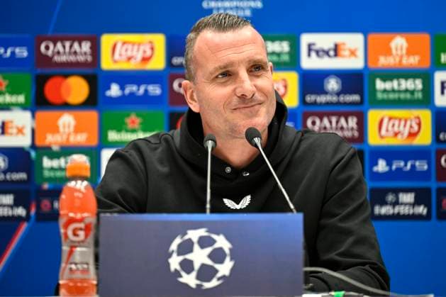 Atalanta v Club Brugge - UEFA Champions League Media Activities 17 02 2025 BERGAMO, ITALY - FEBRUARY 17 : Mechele Brandon defender of Club Brugge and Hayen Nicky head coach of Club Brugge talking to the press during a press conference, PK, Pressekonferenz ahead of the UEFA Champions League 2024 25 knockout phase play-off match second leg between Atalanta and Club Brugge on February 17, 2025 in Bergamo, Italy, 17 02 2025 Bergamo Italy  Copyright: xJanxDexMeuleneirx