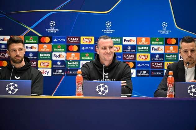 Atalanta v Club Brugge - UEFA Champions League Media Activities 17 02 2025 BERGAMO, ITALY - FEBRUARY 17 : Mechele Brandon defender of Club Brugge and Hayen Nicky head coach of Club Brugge talking to the press during a press conference, PK, Pressekonferenz ahead of the UEFA Champions League 2024 25 knockout phase play-off match second leg between Atalanta and Club Brugge on February 17, 2025 in Bergamo, Italy, 17 02 2025 Bergamo Italy  Copyright: xJanxDexMeuleneirx