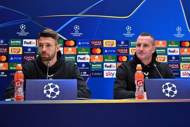 February 17, 2025, Bergamo, Italia: Brugge s Brandon Mechele and Brugge s coach Nicky Nayen during a press conference, PK, Pressekonferenz on the eve of the UEFA Champions League knockout phase play-offs 2st leg match between Atalanta BC and Club Brugge KV at Bergamo Stadium in Bergamo, Italy, 17 February 2025..ANSA MICHELE MARAVIGLIA Soccer: Champions League; Atalanta-Club Brugge  - ZUMAa110 20250217_zaf_a110_024 Copyright: xMichelexMaravigliax