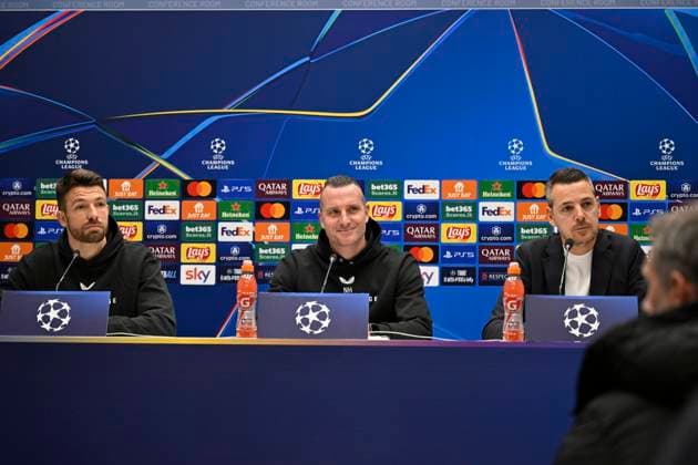 Atalanta v Club Brugge - UEFA Champions League Media Activities 17 02 2025 BERGAMO, ITALY - FEBRUARY 17 : Mechele Brandon defender of Club Brugge and Hayen Nicky head coach of Club Brugge talking to the press during a press conference, PK, Pressekonferenz ahead of the UEFA Champions League 2024 25 knockout phase play-off match second leg between Atalanta and Club Brugge on February 17, 2025 in Bergamo, Italy, 17 02 2025 Bergamo Italy  Copyright: xJanxDexMeuleneirx