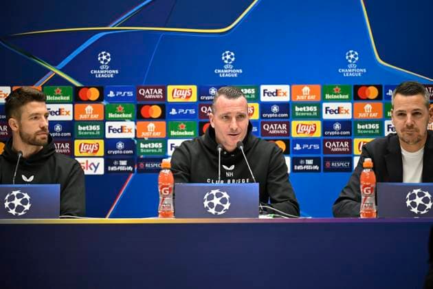 Atalanta v Club Brugge - UEFA Champions League Media Activities 17 02 2025 BERGAMO, ITALY - FEBRUARY 17 : Mechele Brandon defender of Club Brugge and Hayen Nicky head coach of Club Brugge talking to the press during a press conference, PK, Pressekonferenz ahead of the UEFA Champions League 2024 25 knockout phase play-off match second leg between Atalanta and Club Brugge on February 17, 2025 in Bergamo, Italy, 17 02 2025 Bergamo Italy  Copyright: xJanxDexMeuleneirx