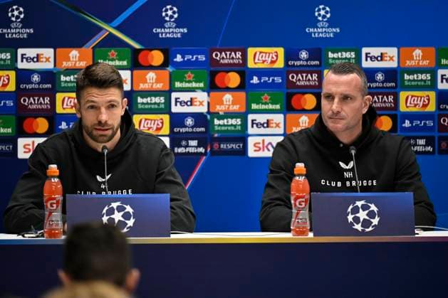 Atalanta v Club Brugge - UEFA Champions League Media Activities 17 02 2025 BERGAMO, ITALY - FEBRUARY 17 : Mechele Brandon defender of Club Brugge and Hayen Nicky head coach of Club Brugge talking to the press during a press conference, PK, Pressekonferenz ahead of the UEFA Champions League 2024 25 knockout phase play-off match second leg between Atalanta and Club Brugge on February 17, 2025 in Bergamo, Italy, 17 02 2025 Bergamo Italy  Copyright: xJanxDexMeuleneirx