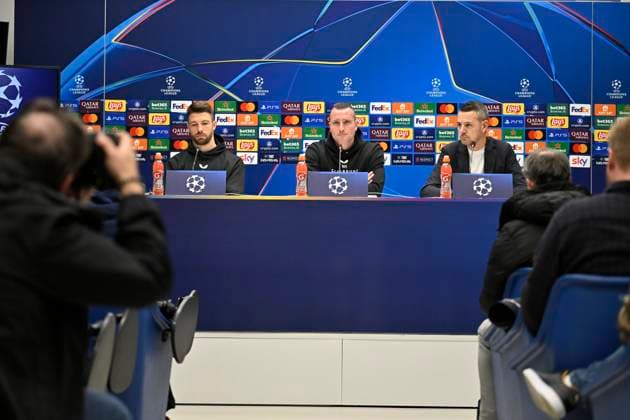 Atalanta v Club Brugge - UEFA Champions League Media Activities 17 02 2025 BERGAMO, ITALY - FEBRUARY 17 : Mechele Brandon defender of Club Brugge and Hayen Nicky head coach of Club Brugge talking to the press during a press conference, PK, Pressekonferenz ahead of the UEFA Champions League 2024 25 knockout phase play-off match second leg between Atalanta and Club Brugge on February 17, 2025 in Bergamo, Italy, 17 02 2025 Bergamo Italy  Copyright: xJanxDexMeuleneirx