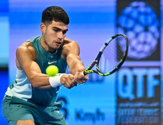 ATP, Tennis Herren QATAR EXXONMOBIL OPEN ROUND OF 32 Carlos Alcaraz of Spain competes in her round of 32 match against Marin Cilic of Croatia during the ATP Qatar ExxonMobil Open 2025 tennis tournament at the Khalifa International Tennis Complex in Doha, Qatar, on February 17, 2025. DOHA Qatar Copyright: xNOUSHADx