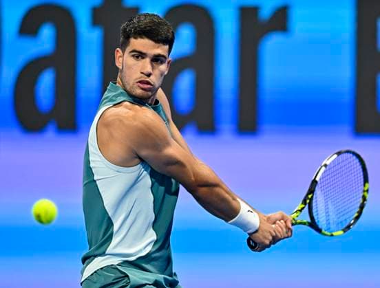 ATP, Tennis Herren QATAR EXXONMOBIL OPEN ROUND OF 32 Carlos Alcaraz of Spain competes in her round of 32 match against Marin Cilic of Croatia during the ATP Qatar ExxonMobil Open 2025 tennis tournament at the Khalifa International Tennis Complex in Doha, Qatar, on February 17, 2025. DOHA Qatar Copyright: xNOUSHADx
