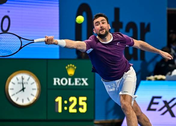 ATP, Tennis Herren QATAR EXXONMOBIL OPEN ROUND OF 32 Marin Cilic of Croatia competes in her round of 32 match against Carlos Alcaraz of Spain during the ATP Qatar ExxonMobil Open 2025 tennis tournament at the Khalifa International Tennis Complex in Doha, Qatar, on February 17, 2025. DOHA Qatar Copyright: xNOUSHADx