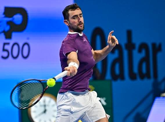 ATP, Tennis Herren QATAR EXXONMOBIL OPEN ROUND OF 32 Marin Cilic of Croatia competes in her round of 32 match against Carlos Alcaraz of Spain during the ATP Qatar ExxonMobil Open 2025 tennis tournament at the Khalifa International Tennis Complex in Doha, Qatar, on February 17, 2025. DOHA Qatar Copyright: xNOUSHADx