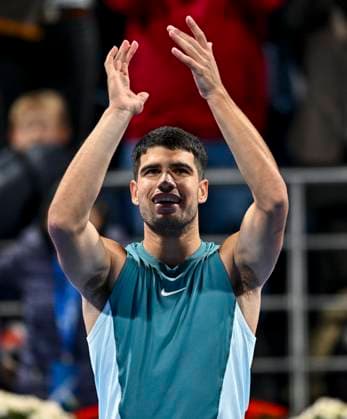 ATP, Tennis Herren QATAR EXXONMOBIL OPEN ROUND OF 32 Carlos Alcaraz of Spain celebrates after winning her round of 32 match against Marin Cilic of Croatia during the ATP Qatar ExxonMobil Open 2025 tennis tournament at the Khalifa International Tennis Complex in Doha, Qatar, on February 17, 2025. DOHA Qatar Copyright: xNOUSHADx