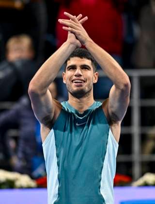 ATP, Tennis Herren QATAR EXXONMOBIL OPEN ROUND OF 32 Carlos Alcaraz of Spain celebrates after winning her round of 32 match against Marin Cilic of Croatia during the ATP Qatar ExxonMobil Open 2025 tennis tournament at the Khalifa International Tennis Complex in Doha, Qatar, on February 17, 2025. DOHA Qatar Copyright: xNOUSHADx