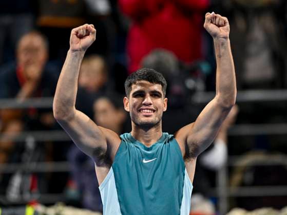 ATP, Tennis Herren QATAR EXXONMOBIL OPEN ROUND OF 32 Carlos Alcaraz of Spain celebrates after winning her round of 32 match against Marin Cilic of Croatia during the ATP Qatar ExxonMobil Open 2025 tennis tournament at the Khalifa International Tennis Complex in Doha, Qatar, on February 17, 2025. DOHA Qatar Copyright: xNOUSHADx