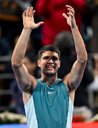 ATP, Tennis Herren QATAR EXXONMOBIL OPEN ROUND OF 32 Carlos Alcaraz of Spain celebrates after winning her round of 32 match against Marin Cilic of Croatia during the ATP Qatar ExxonMobil Open 2025 tennis tournament at the Khalifa International Tennis Complex in Doha, Qatar, on February 17, 2025. DOHA Qatar Copyright: xNOUSHADx