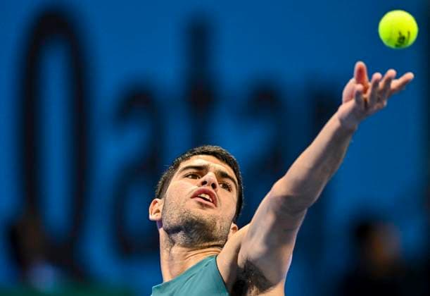 ATP, Tennis Herren QATAR EXXONMOBIL OPEN ROUND OF 32 Carlos Alcaraz of Spain competes in her round of 32 match against Marin Cilic of Croatia during the ATP Qatar ExxonMobil Open 2025 tennis tournament at the Khalifa International Tennis Complex in Doha, Qatar, on February 17, 2025. DOHA Qatar Copyright: xNOUSHADx