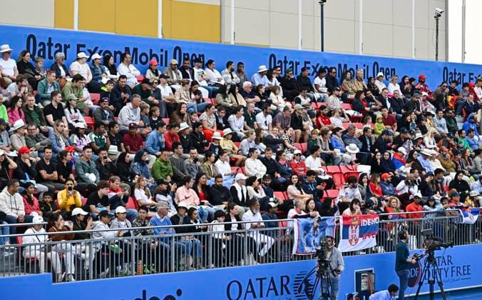 ATP, Tennis Herren QATAR EXXONMOBIL OPEN DOUBLES ROUND OF 16 Fans of Novak Djokovic of Serbia and Fernando Verdasco of Spain during their doubles round of 16 match against Alexander Bublik of Kazakistan and Karen Khachanov of Russia at the ATP Qatar ExxonMobil Open 2025 tennis tournament at the Khalifa International Tennis Complex in Doha, Qatar, on February 17, 2025. DOHA Qatar Copyright: xNOUSHADx