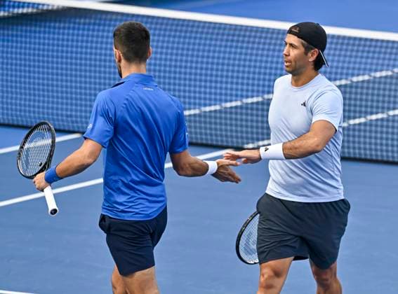 ATP, Tennis Herren QATAR EXXONMOBIL OPEN DOUBLES ROUND OF 16 Novak Djokovic (R) of Serbia and Fernando Verdasco of Spain react during their doubles round of 16 match against Alexander Bublik of Kazakistan and Karen Khachanov of Russia at the ATP Qatar ExxonMobil Open 2025 tennis tournament at the Khalifa International Tennis Complex in Doha, Qatar, on February 17, 2025. DOHA Qatar Copyright: xNOUSHADx