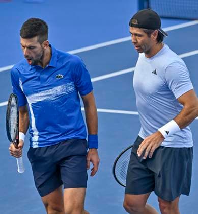 ATP, Tennis Herren QATAR EXXONMOBIL OPEN DOUBLES ROUND OF 16 Novak Djokovic (L) of Serbia and Fernando Verdasco of Spain react during their doubles round of 16 match against Alexander Bublik of Kazakistan and Karen Khachanov of Russia at the ATP Qatar ExxonMobil Open 2025 tennis tournament at the Khalifa International Tennis Complex in Doha, Qatar, on February 17, 2025. DOHA Qatar Copyright: xNOUSHADx