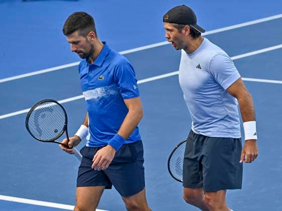 ATP, Tennis Herren QATAR EXXONMOBIL OPEN DOUBLES ROUND OF 16 Novak Djokovic (L) of Serbia and Fernando Verdasco of Spain react during their doubles round of 16 match against Alexander Bublik of Kazakistan and Karen Khachanov of Russia at the ATP Qatar ExxonMobil Open 2025 tennis tournament at the Khalifa International Tennis Complex in Doha, Qatar, on February 17, 2025. DOHA Qatar Copyright: xNOUSHADx