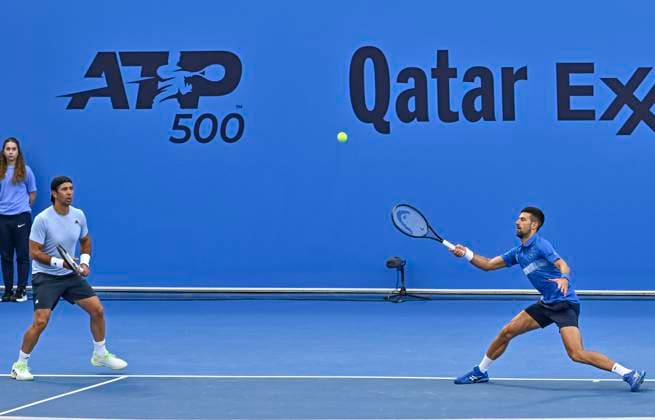 ATP, Tennis Herren QATAR EXXONMOBIL OPEN DOUBLES ROUND OF 16 Novak Djokovic (R) of Serbia and Fernando Verdasco of Spain competest during their doubles round of 16 match against Alexander Bublik of Kazakistan and Karen Khachanov of Russia at the ATP Qatar ExxonMobil Open 2025 tennis tournament at the Khalifa International Tennis Complex in Doha, Qatar, on February 17, 2025. DOHA Qatar Copyright: xNOUSHADx