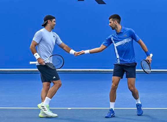 ATP, Tennis Herren QATAR EXXONMOBIL OPEN DOUBLES ROUND OF 16 Novak Djokovic (R) of Serbia and Fernando Verdasco of Spain react during their doubles round of 16 match against Alexander Bublik of Kazakistan and Karen Khachanov of Russia at the ATP Qatar ExxonMobil Open 2025 tennis tournament at the Khalifa International Tennis Complex in Doha, Qatar, on February 17, 2025. DOHA Qatar Copyright: xNOUSHADx
