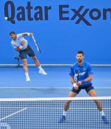 ATP, Tennis Herren QATAR EXXONMOBIL OPEN DOUBLES ROUND OF 16 Alexander Bublik of Kazakistan and Karen Khachanov of Russia competes during their doubles round of 16 match against Novak Djokovic of Serbia and Fernando Verdasco of Spain at the ATP Qatar ExxonMobil Open 2025 tennis tournament at the Khalifa International Tennis Complex in Doha, Qatar, on February 17, 2025. DOHA Qatar Copyright: xNOUSHADx