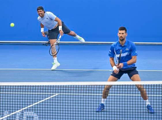 ATP, Tennis Herren QATAR EXXONMOBIL OPEN DOUBLES ROUND OF 16 Novak Djokovic (R) of Serbia and Fernando Verdasco of Spain competest during their doubles round of 16 match against Alexander Bublik of Kazakistan and Karen Khachanov of Russia at the ATP Qatar ExxonMobil Open 2025 tennis tournament at the Khalifa International Tennis Complex in Doha, Qatar, on February 17, 2025. DOHA Qatar Copyright: xNOUSHADx