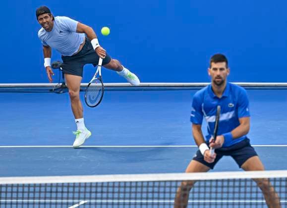 ATP, Tennis Herren QATAR EXXONMOBIL OPEN DOUBLES ROUND OF 16 Novak Djokovic (R) of Serbia and Fernando Verdasco of Spain competest during their doubles round of 16 match against Alexander Bublik of Kazakistan and Karen Khachanov of Russia at the ATP Qatar ExxonMobil Open 2025 tennis tournament at the Khalifa International Tennis Complex in Doha, Qatar, on February 17, 2025. DOHA Qatar Copyright: xNOUSHADx