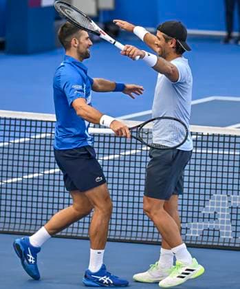 ATP, Tennis Herren QATAR EXXONMOBIL OPEN DOUBLES ROUND OF 16 Novak Djokovic (L) of Serbia and Fernando Verdasco of Spain celebrate after winning their doubles round of 16 match against Alexander Bublik of Kazakistan and Karen Khachanov of Russia at the ATP Qatar ExxonMobil Open 2025 tennis tournament at the Khalifa International Tennis Complex in Doha, Qatar, on February 17, 2025. DOHA Qatar Copyright: xNOUSHADx