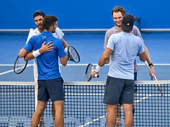 ATP, Tennis Herren QATAR EXXONMOBIL OPEN DOUBLES ROUND OF 16 Novak Djokovic (L) of Serbia and Fernando Verdasco of Spain celebrate after winning their doubles round of 16 match against Alexander Bublik of Kazakistan and Karen Khachanov of Russia at the ATP Qatar ExxonMobil Open 2025 tennis tournament at the Khalifa International Tennis Complex in Doha, Qatar, on February 17, 2025. DOHA Qatar Copyright: xNOUSHADx